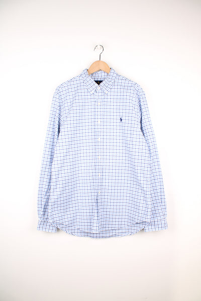 Ralph Lauren blue and white gingham, slim fit button up cotton shirt with signature embroidered logo on the chest