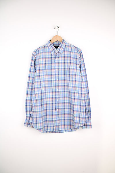 Ralph Lauren blue plaid button up cotton shirt with signature embroidered logo on the chest