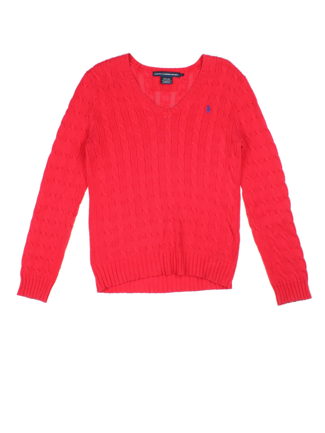 Ralph Lauren Cable Knit Jumper in a red colourway with a V neck collar and embroidered logo on front.