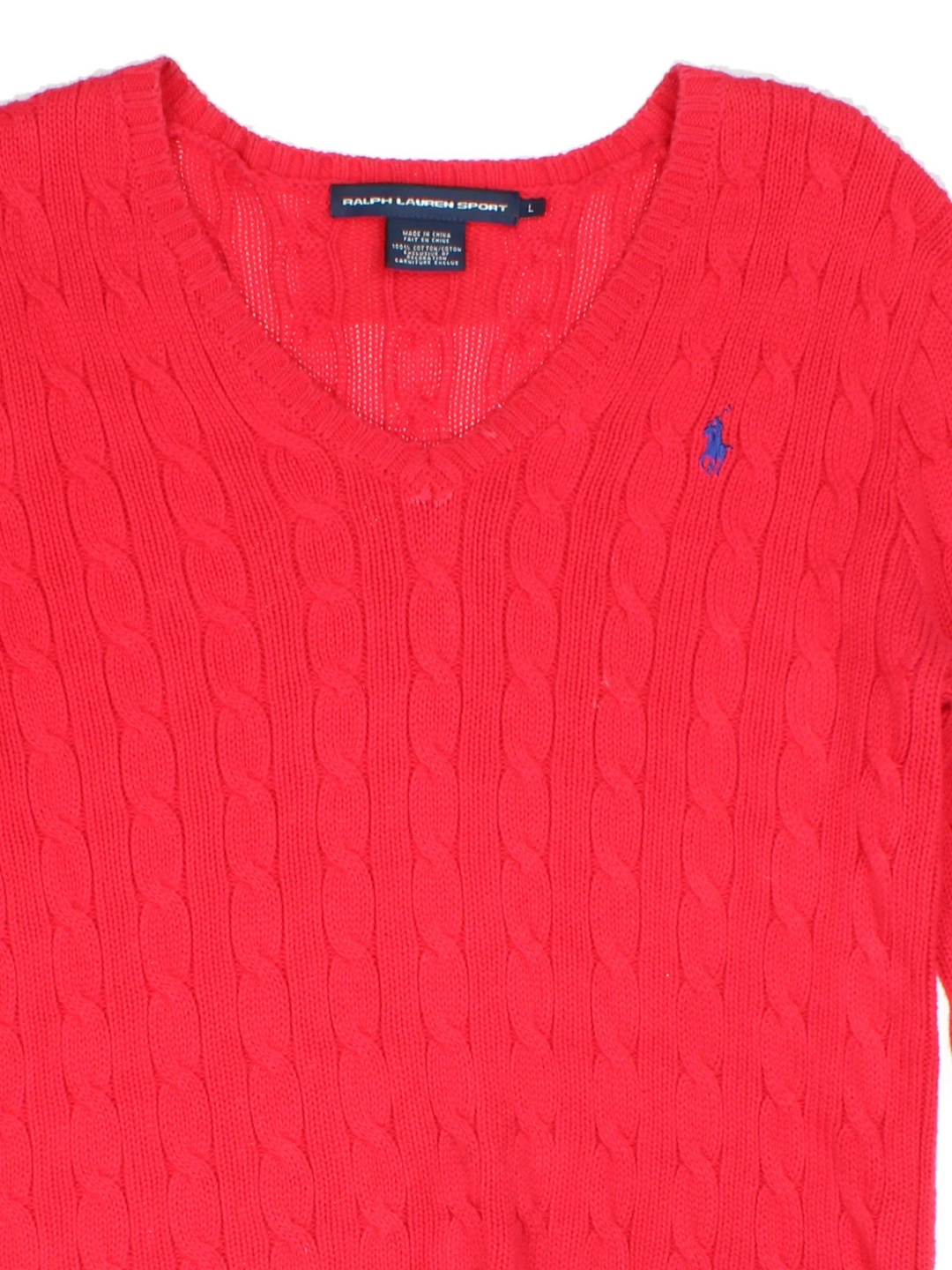 Ralph Lauren Cable Knit Jumper in a red colourway with a V neck collar and embroidered logo on front.