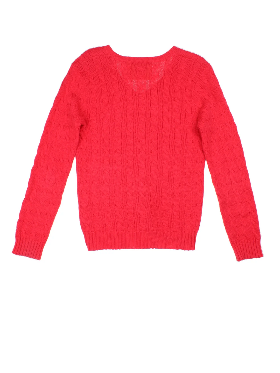 Ralph Lauren Cable Knit Jumper in a red colourway with a V neck collar and embroidered logo on front.
