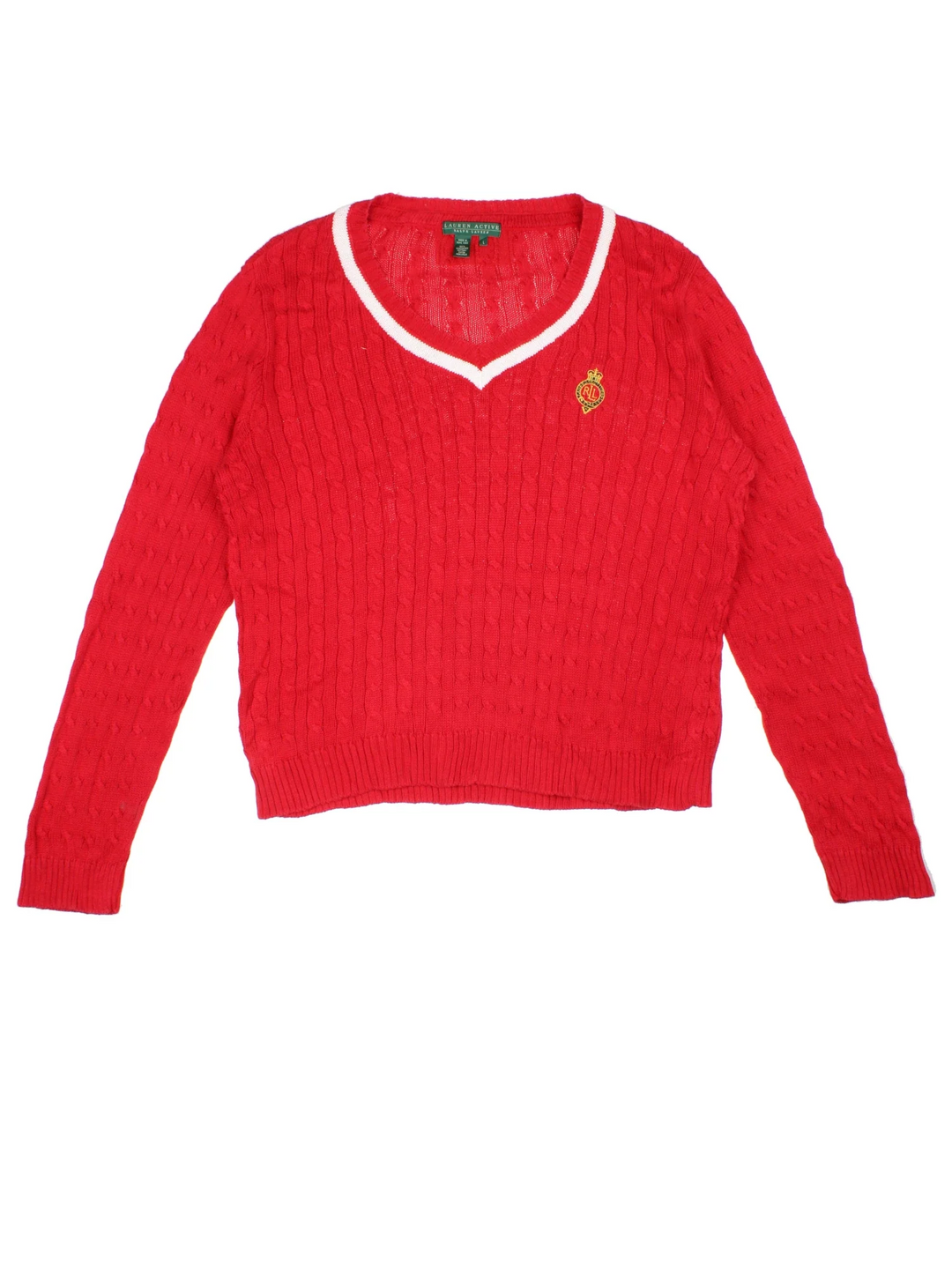 Lauren By Ralph Lauren Cable Knit Jumper in a red colourway with a V neck collar and embroidered logo on front.