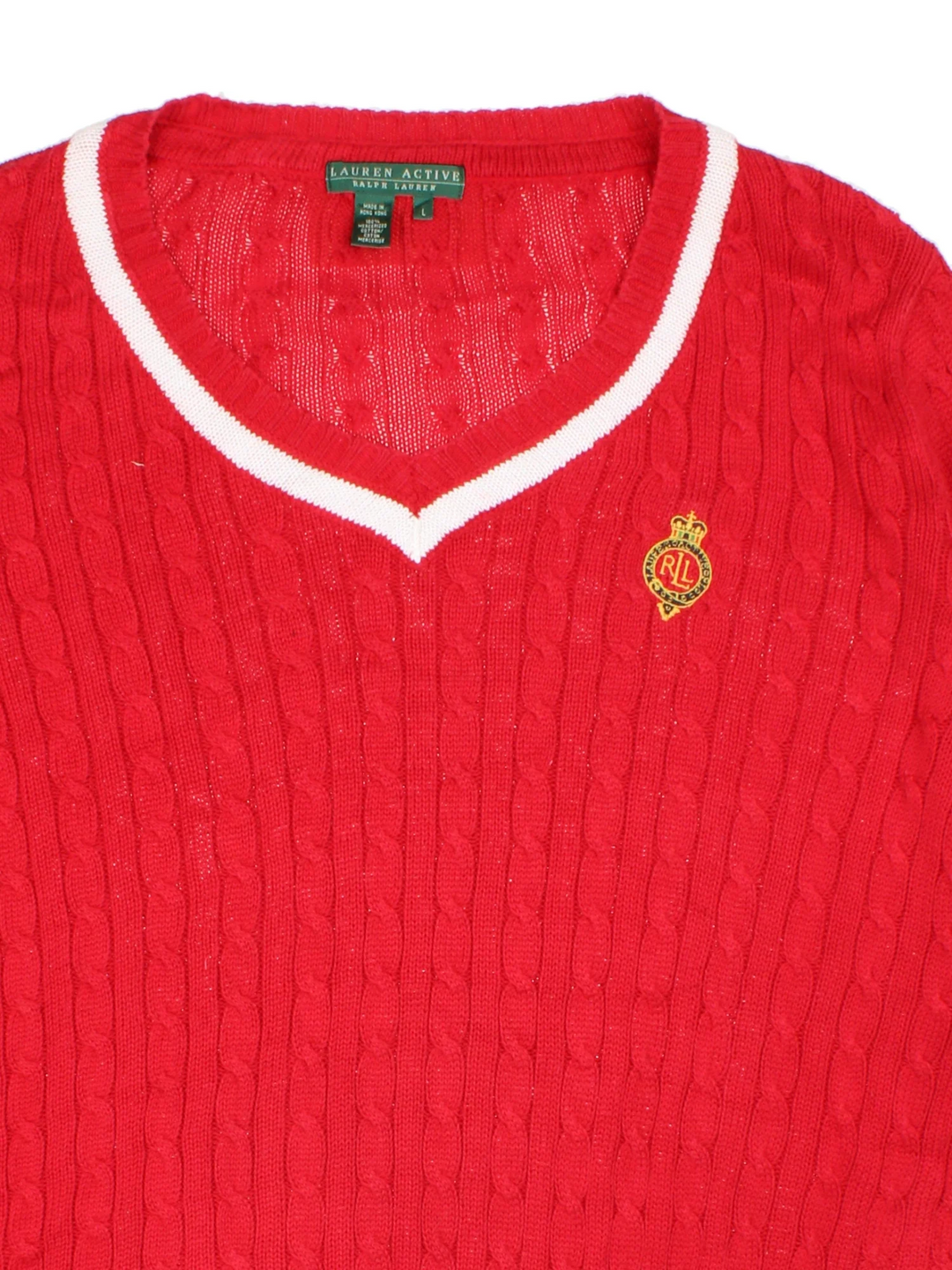 Lauren By Ralph Lauren Cable Knit Jumper in a red colourway with a V neck collar and embroidered logo on front.