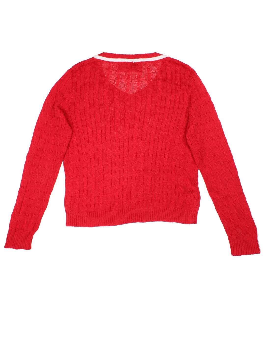 Lauren By Ralph Lauren Cable Knit Jumper in a red colourway with a V neck collar and embroidered logo on front.