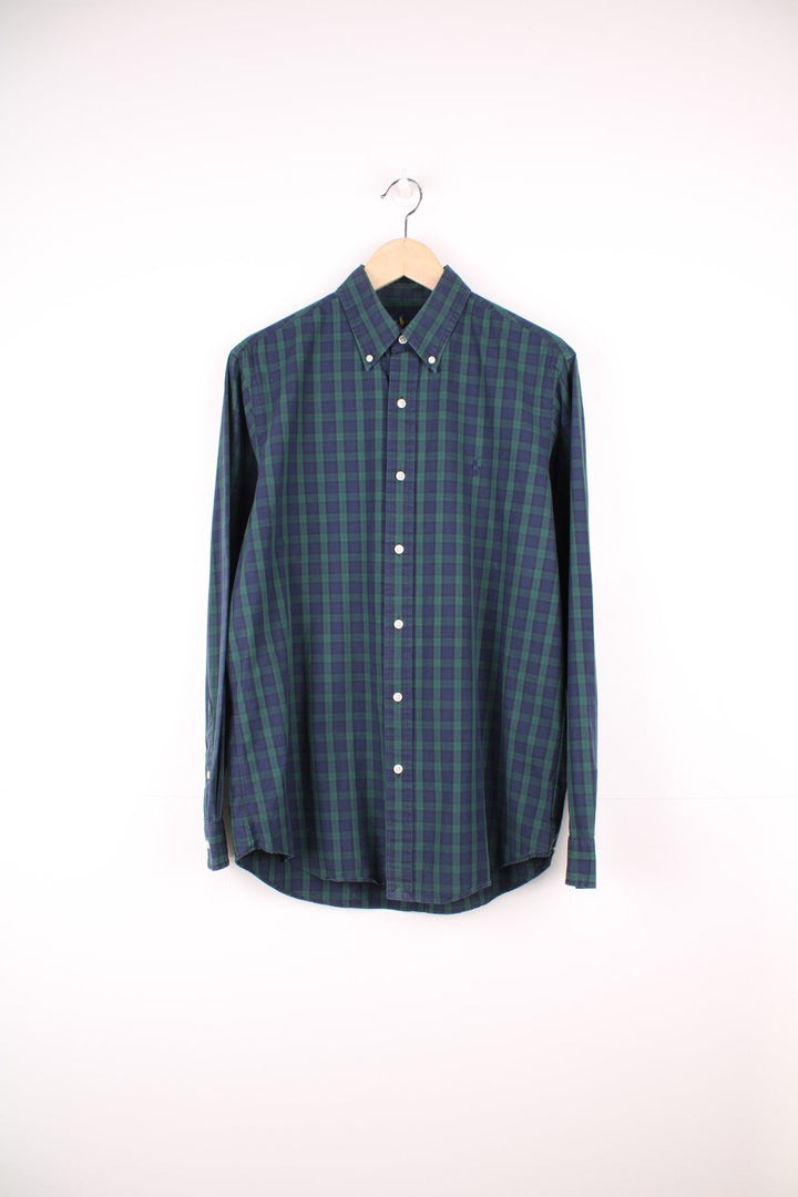 Navy and green check Ralph Lauren button-down shirt with signature Polo logo embroidered in navy.