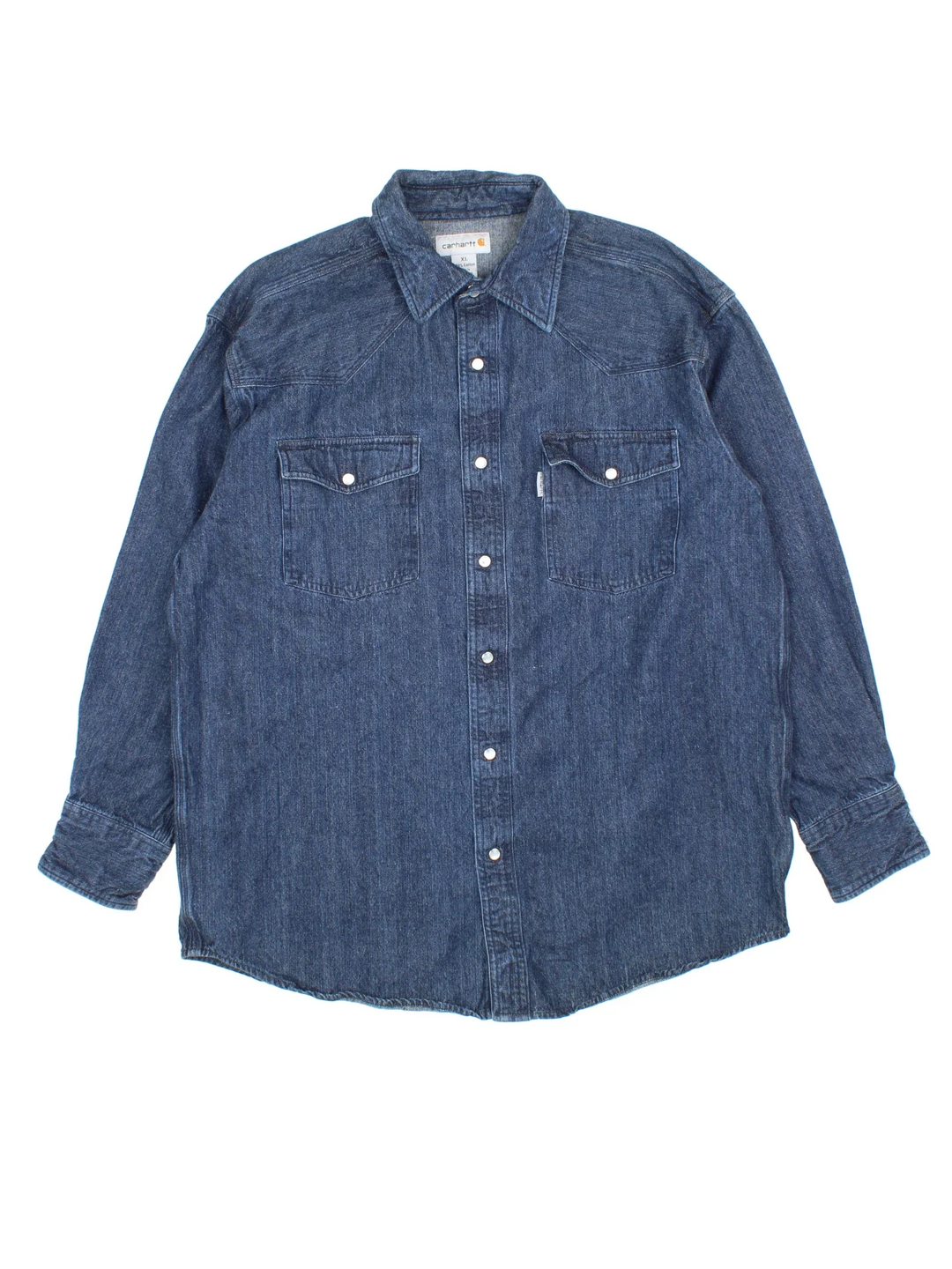 Carhartt Denim Shirt in a blue colourway. Button popper fastening, with front patch pockets, western detailing and embroidered tab logo.