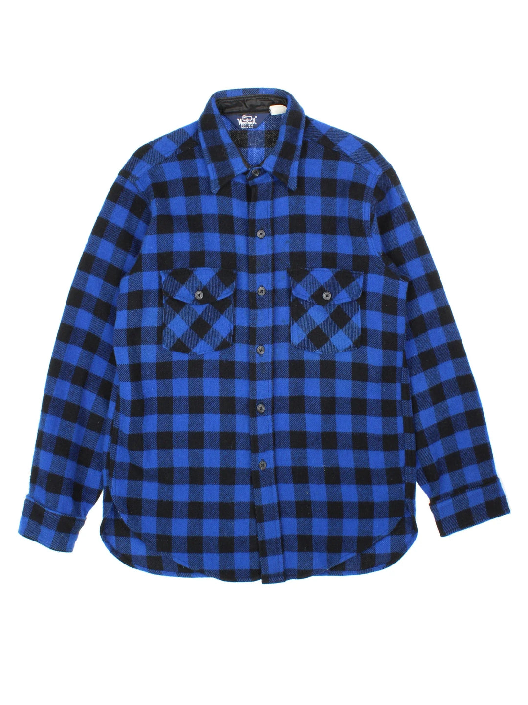Woolrich Flannel Shirt in a blue and black check pattern colourway, buttons up with double chest pockets on the front.