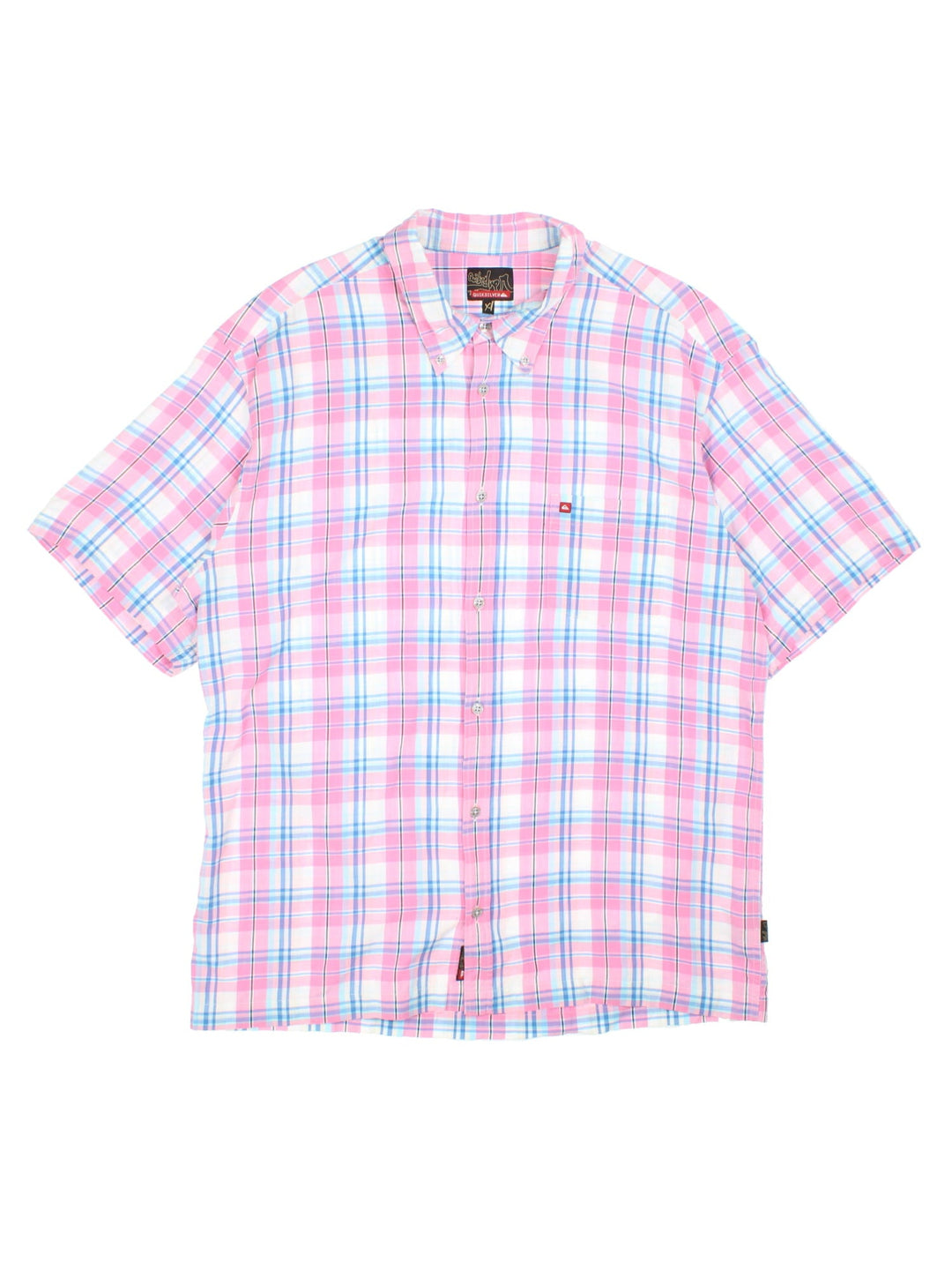 Quiksilver check shirt in a pink white and blue colourway, The shirt has a patch pocket and small quicksilver logo stitched on.