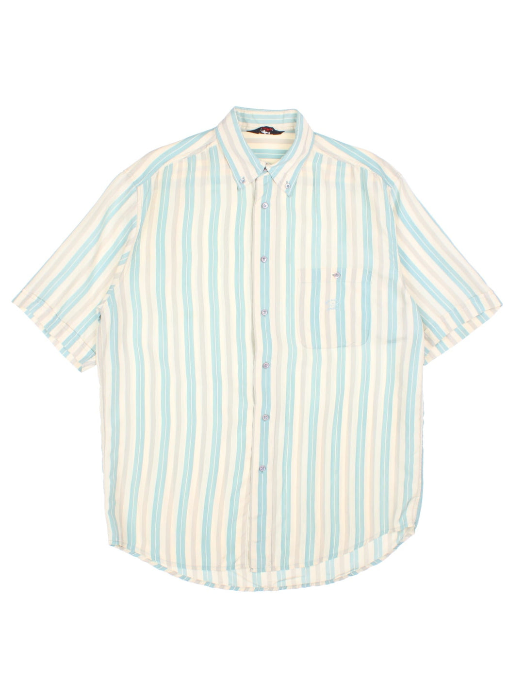 1990s Paul & Shark Shirt in a tan, grey and blue striped colourway. 100% silk with a patch pocket, and the Paul and Shark logo embroidered on the front.