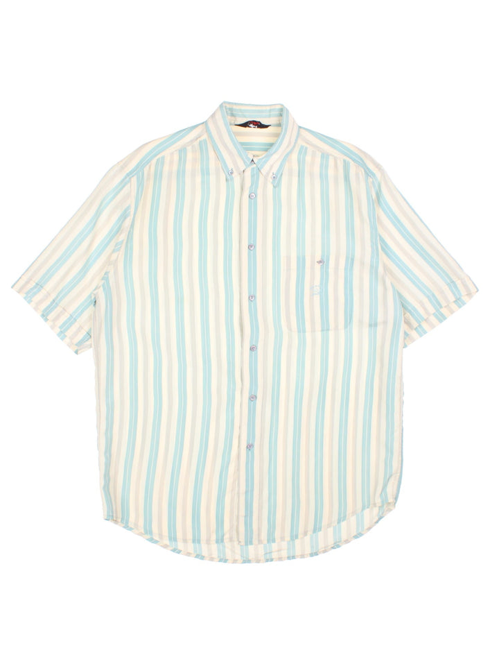 1990s Paul & Shark Shirt in a tan, grey and blue striped colourway. 100% silk with a patch pocket, and the Paul and Shark logo embroidered on the front.