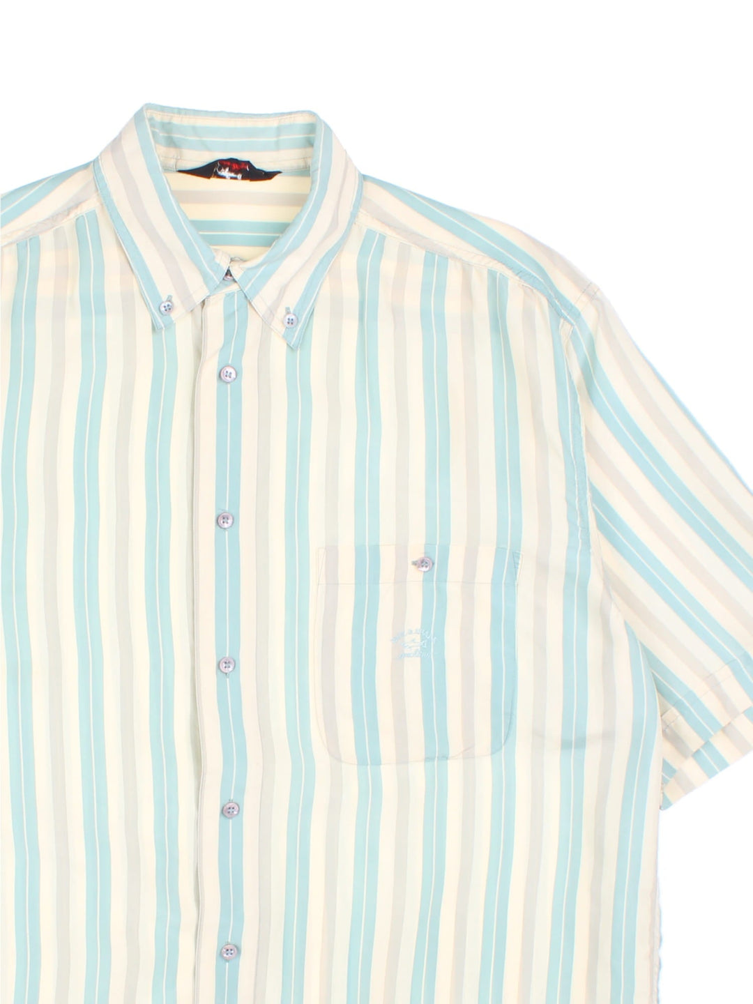 1990s Paul & Shark Shirt in a tan, grey and blue striped colourway. 100% silk with a patch pocket, and the Paul and Shark logo embroidered on the front.