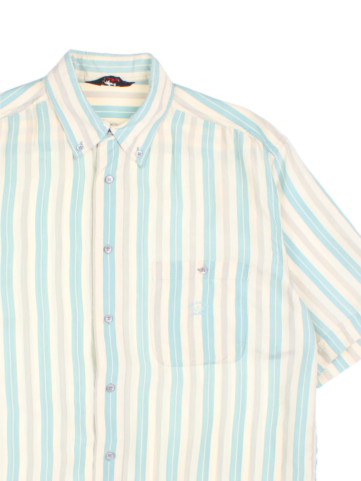 1990s Paul & Shark Shirt in a tan, grey and blue striped colourway. 100% silk with a patch pocket, and the Paul and Shark logo embroidered on the front.