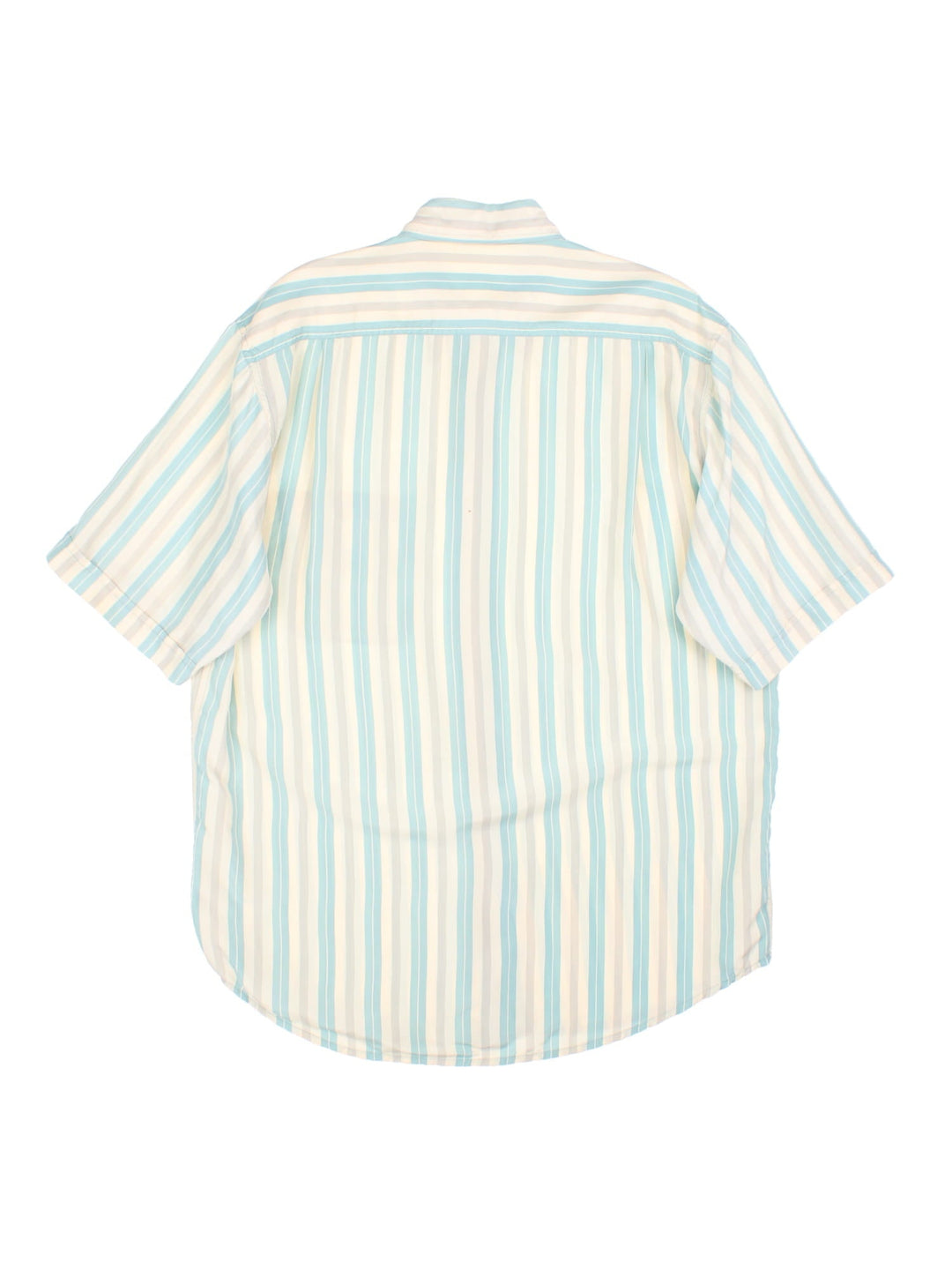 1990s Paul & Shark Shirt in a tan, grey and blue striped colourway. 100% silk with a patch pocket, and the Paul and Shark logo embroidered on the front.