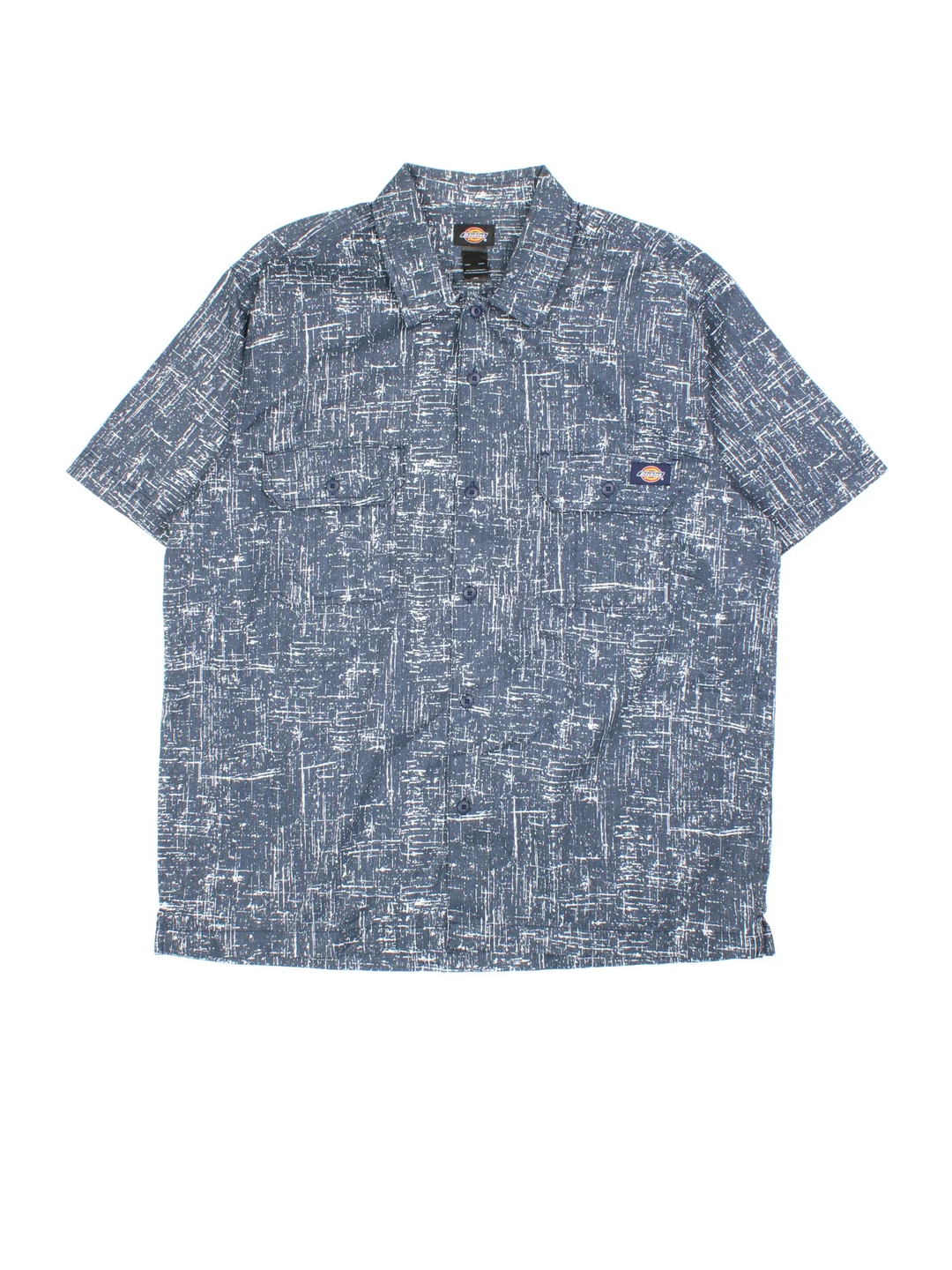Dickies Work Shirt in a blue and white patterned colourway, buttons up and has double chest pockets with the logo embroidered on the front.