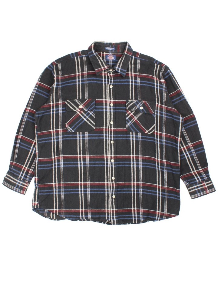 Vintage Dickies Flannel Shirt in a black colourway, button up and has double chest pockets with the logo embroidered on the front.