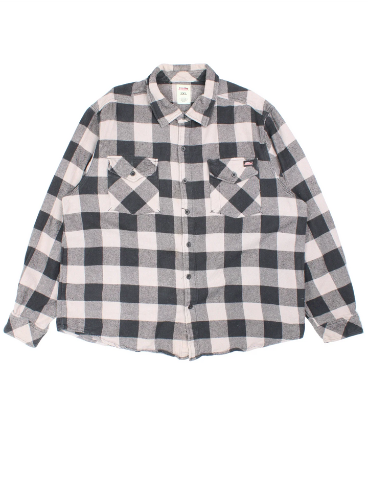 Vintage Dickies Flannel Shirt in a grey and black colourway, button up and has double chest pockets with the logo embroidered on the front.