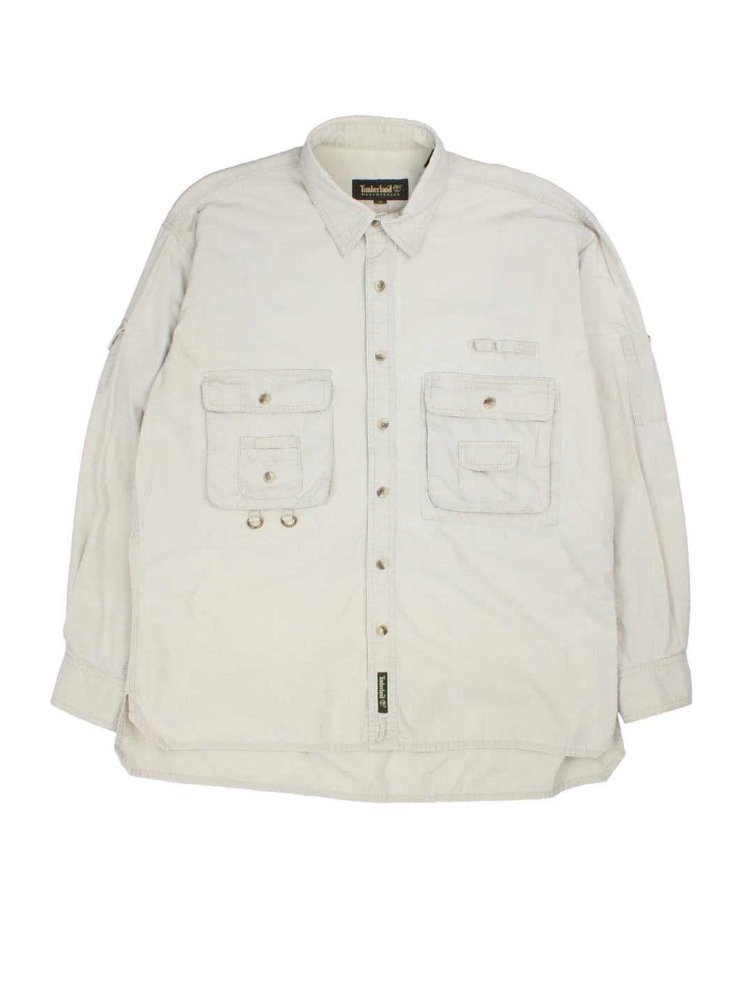 Timberland Weathergear Fishing Shirt in a grey colourway, buttons up and has multiple utility pockets.