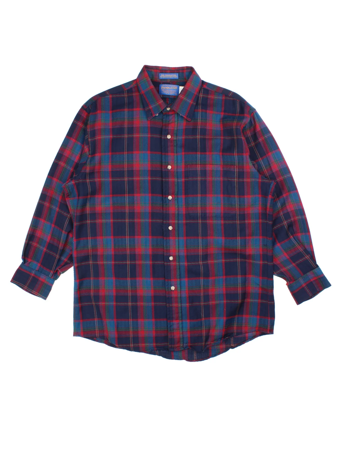 Pendleton Wool Flannel Shirt in a blue, red and green colourway, button up and has a chest pocket.