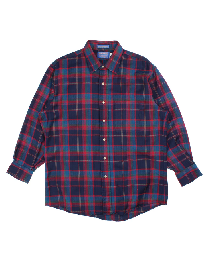 Pendleton Wool Flannel Shirt in a blue, red and green colourway, button up and has a chest pocket.