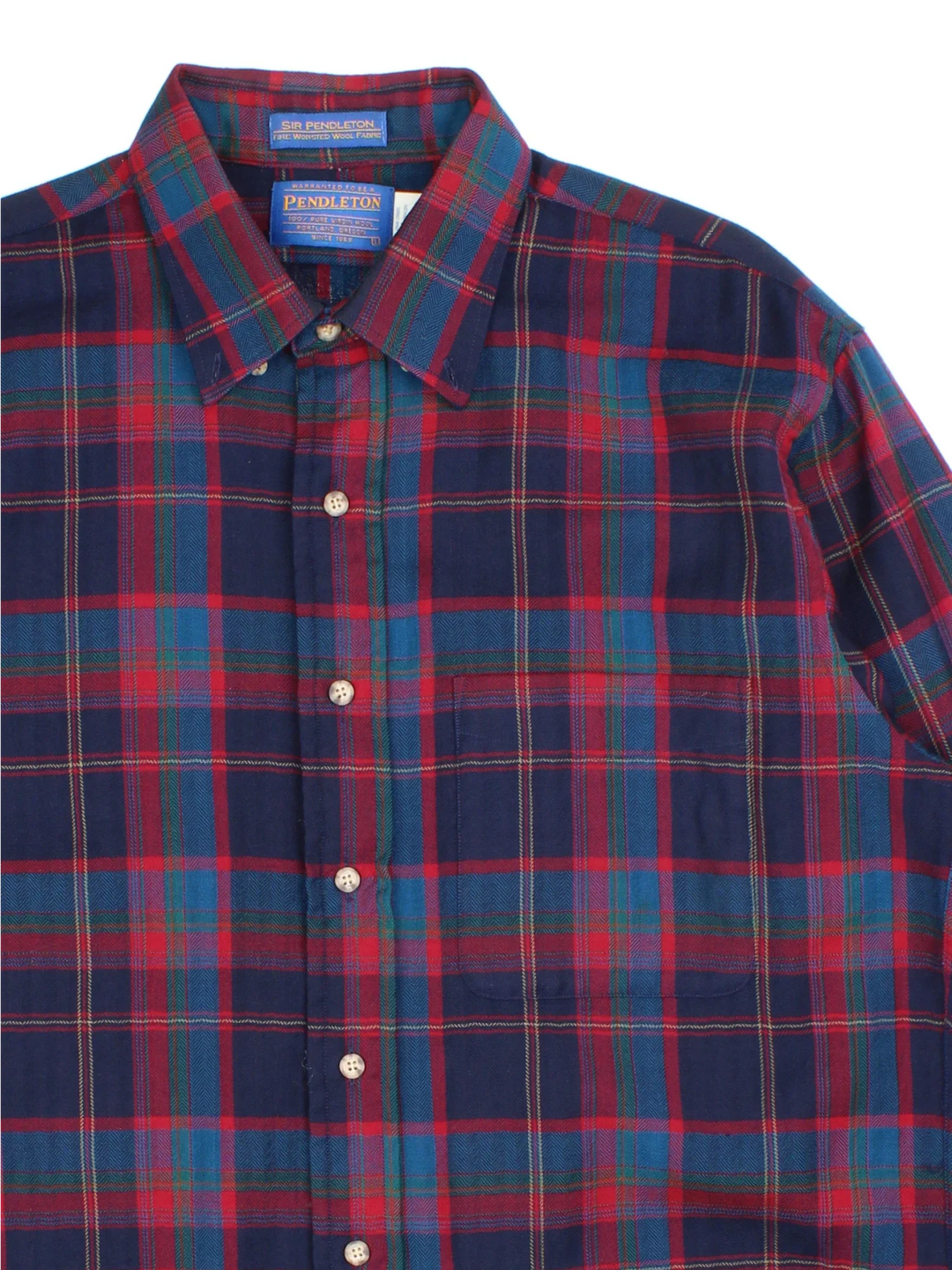Pendleton Wool Flannel Shirt in a blue, red and green colourway, button up and has a chest pocket.