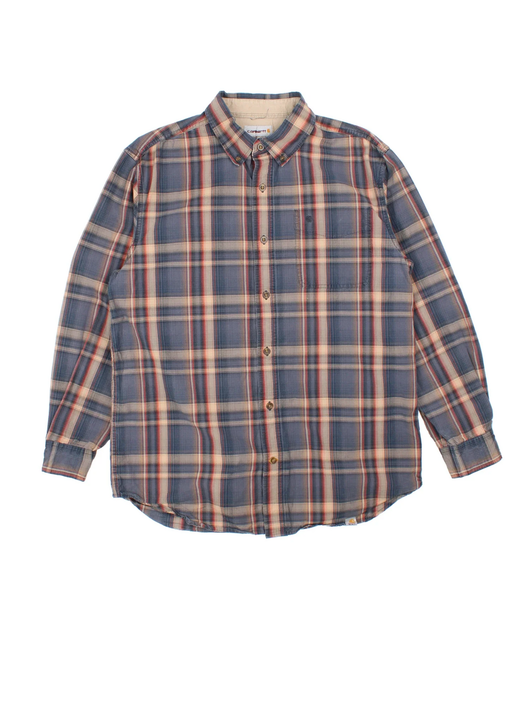 Carhartt Shirt in a blue and brown plaid colourway, button up and has a chest pocket with the logo embroidered on the front.