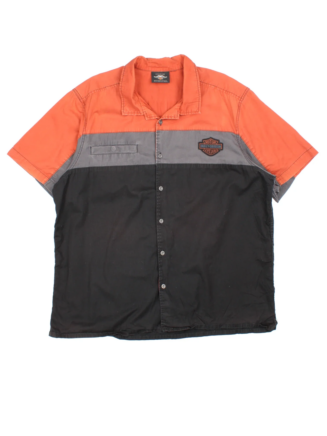 Harley-Davidson Work Shirt in a black, orange and grey colourway, button up and has a chest pocket with the logo embroidered on the front and back.