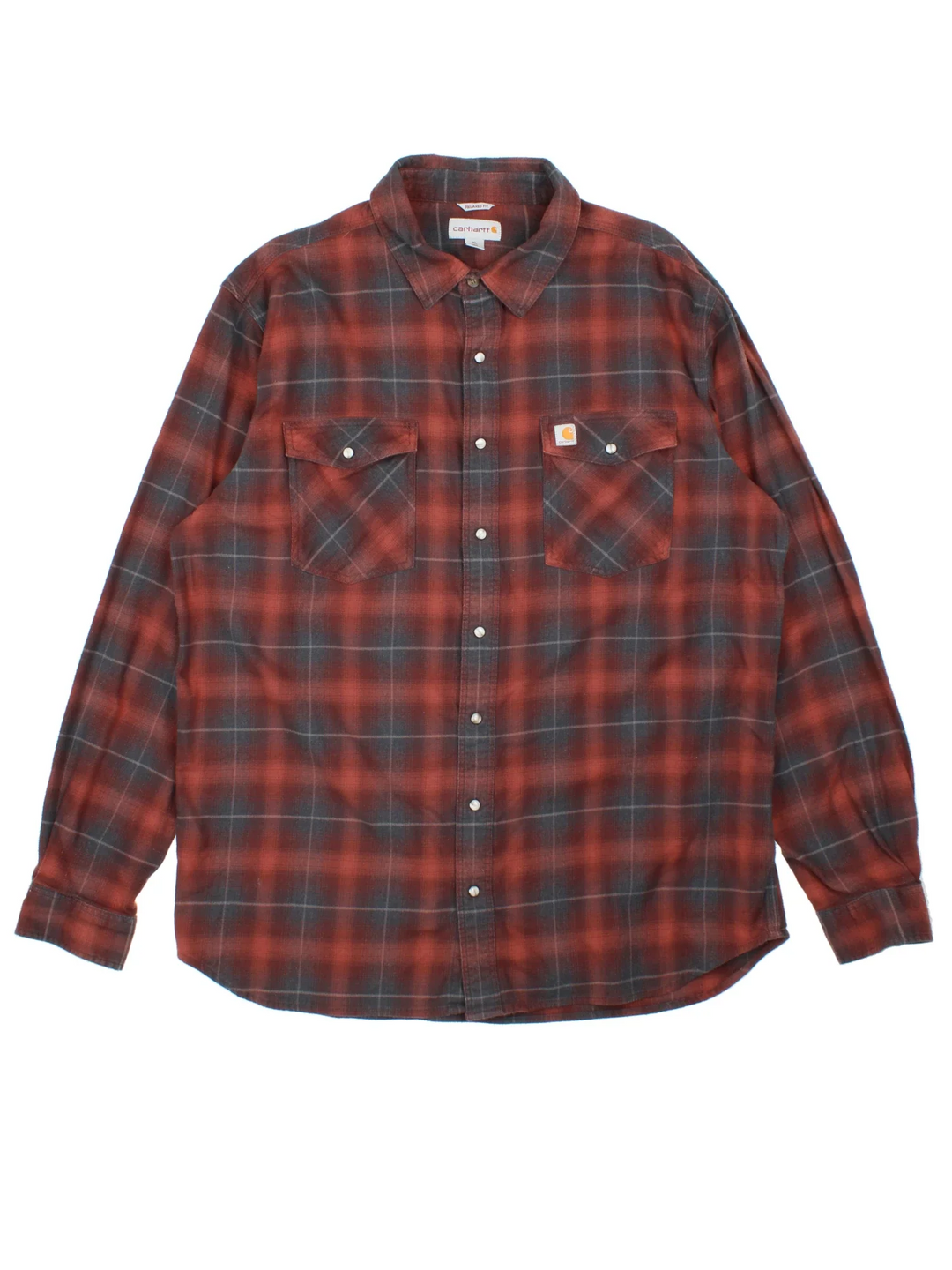 Vintage Carhartt FLannel Shirt in a orange plaid colourway, button up and has double chest pockets with the logo embroidered on the front.