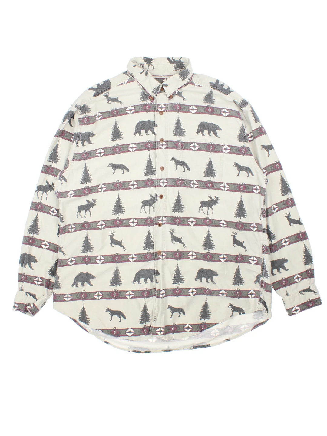 Woolrich Wildlife Nature Shirt in a green colourway with all over print, button up and has a chest pocket.