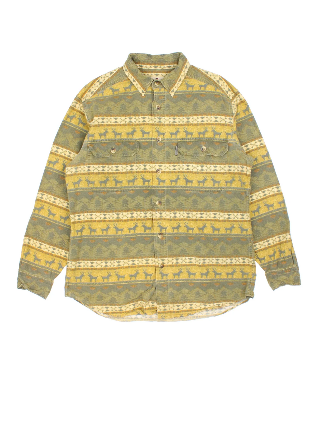 Woolrich Shirt in a green colourway with all over deer patterned design, buttons up and has double chest pockets.