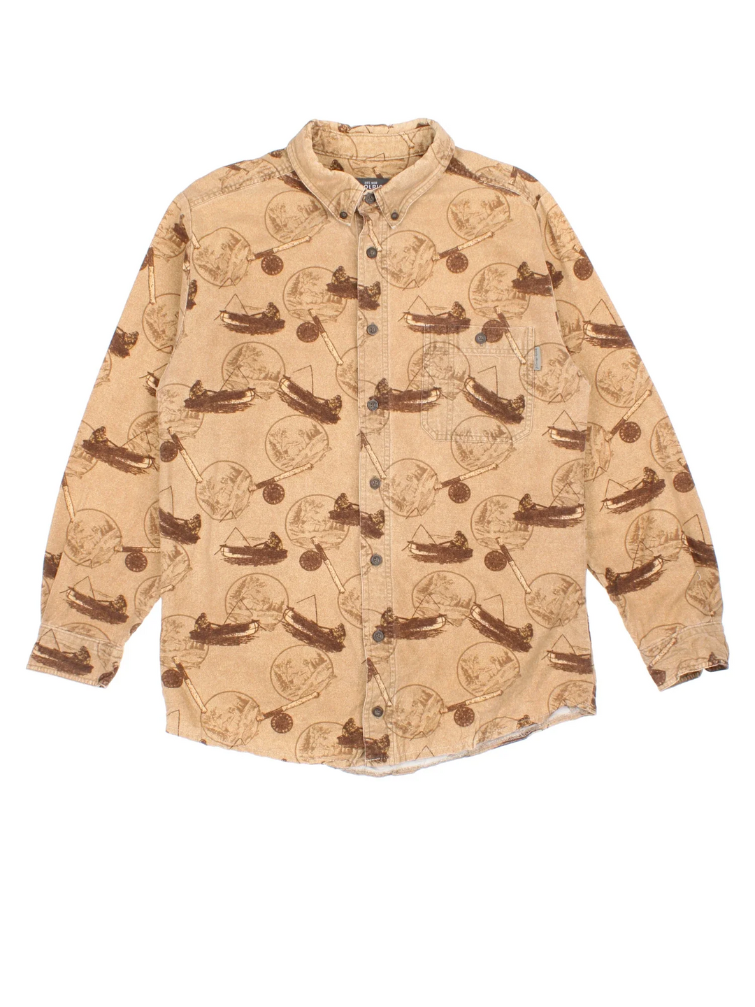 Woolrich Fishing Shirt in a brown colourway, button up with a classic front pocket and all over boat and fishing pattern.
