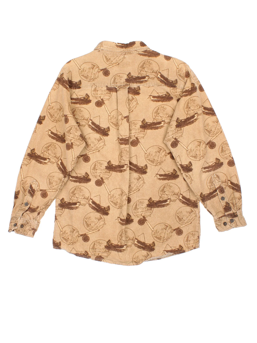 Woolrich Fishing Shirt in a brown colourway, button up with a classic front pocket and all over boat and fishing pattern.