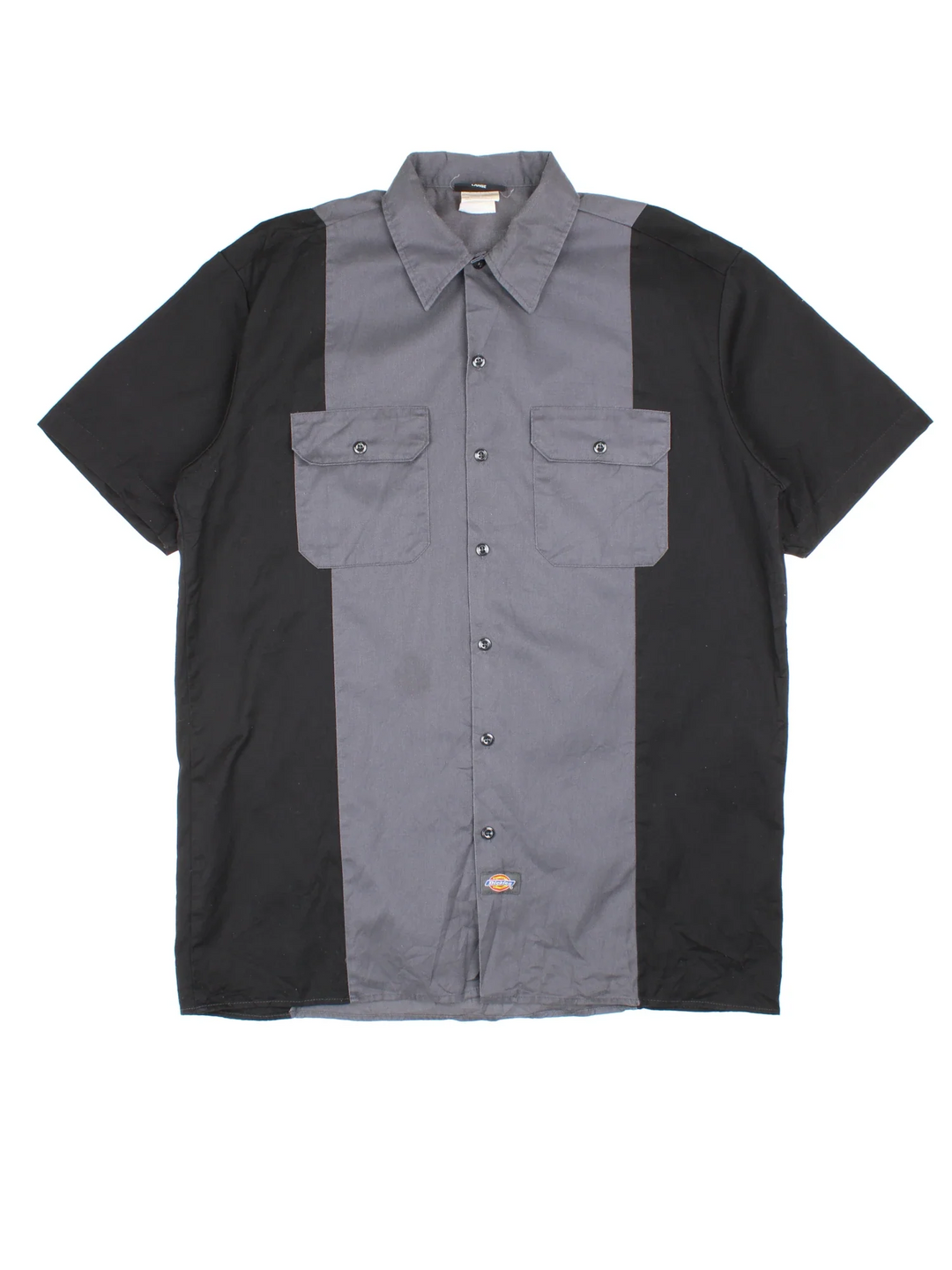 Dickies Two Tone Work Shirt in a grey and black colourway, button up and has double chest pockets with the logo embroidered by the hem.