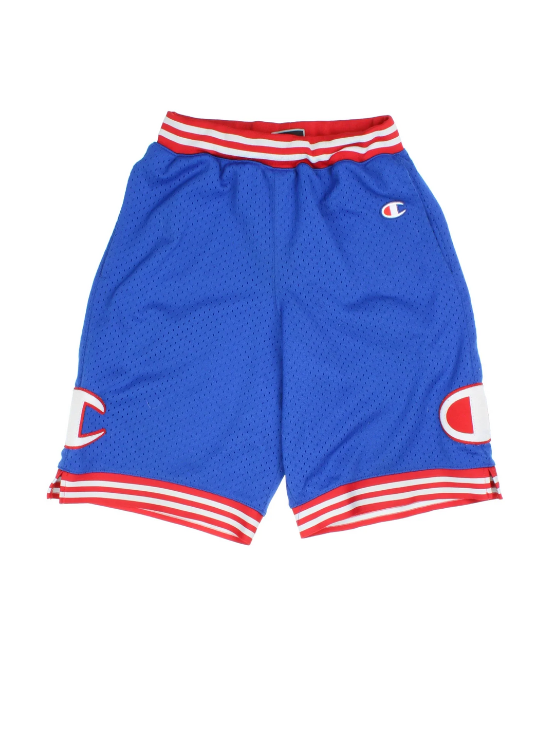 Vintage Champion basketball shorts in blue/red colourway. Drawstring waist, mesh overlay and the logo embroidered on the front and side.