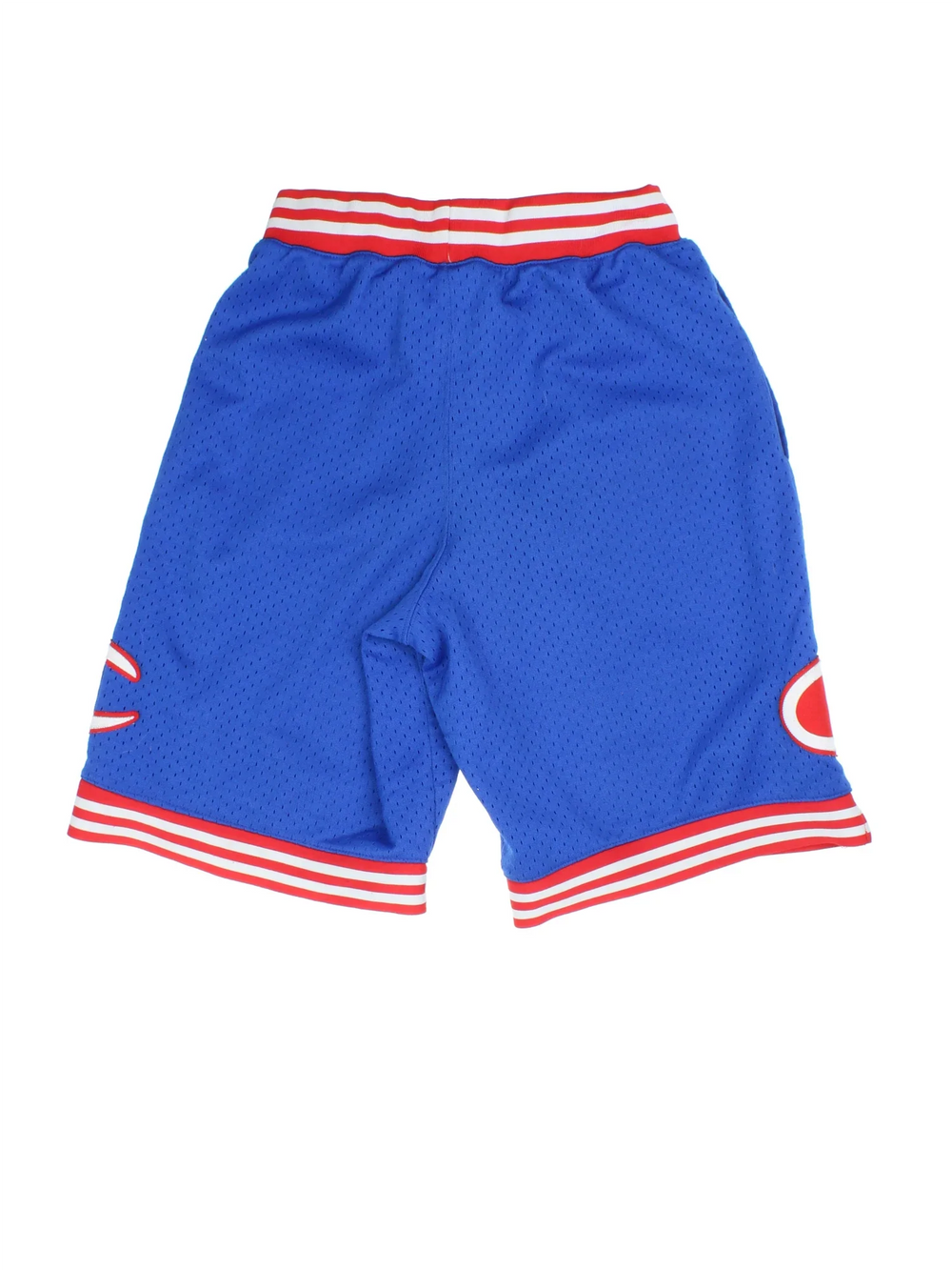 Vintage Champion basketball shorts in blue/red colourway. Drawstring waist, mesh overlay and the logo embroidered on the front and side.