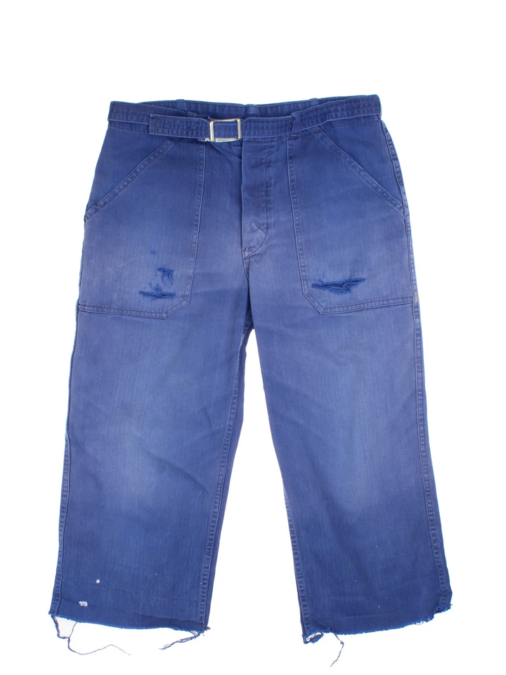 Vintage Kempel Workwear Cropped Trousers in blue colourway. Zip button fastening, with belt and multiple pockets.