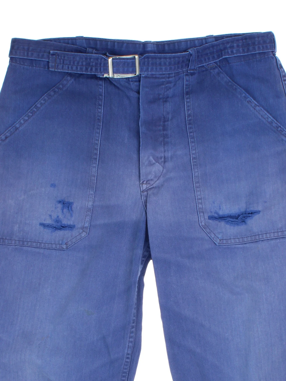 Vintage Kempel Workwear Cropped Trousers in blue colourway. Zip button fastening, with belt and multiple pockets.