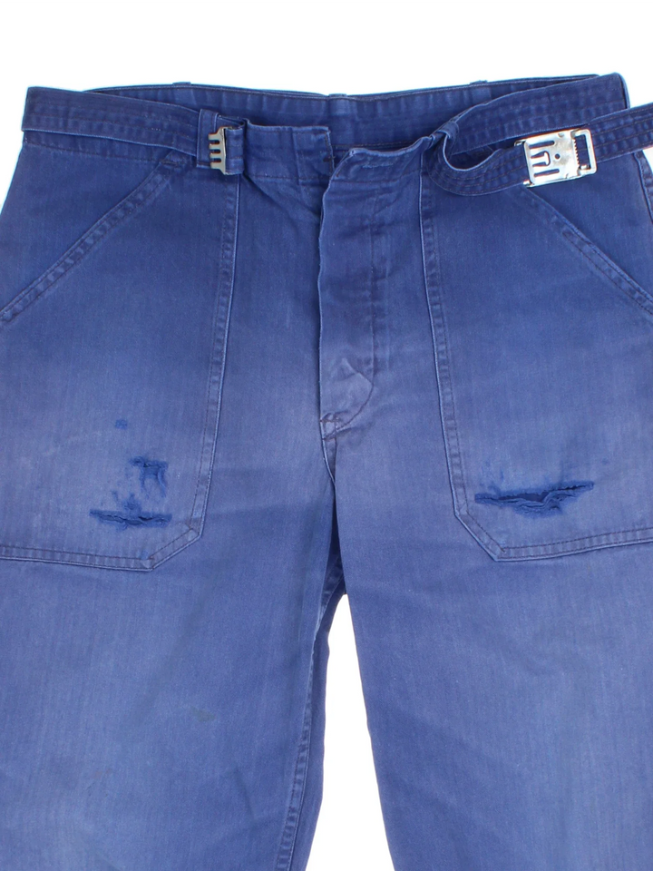 Vintage Kempel Workwear Cropped Trousers in blue colourway. Zip button fastening, with belt and multiple pockets.