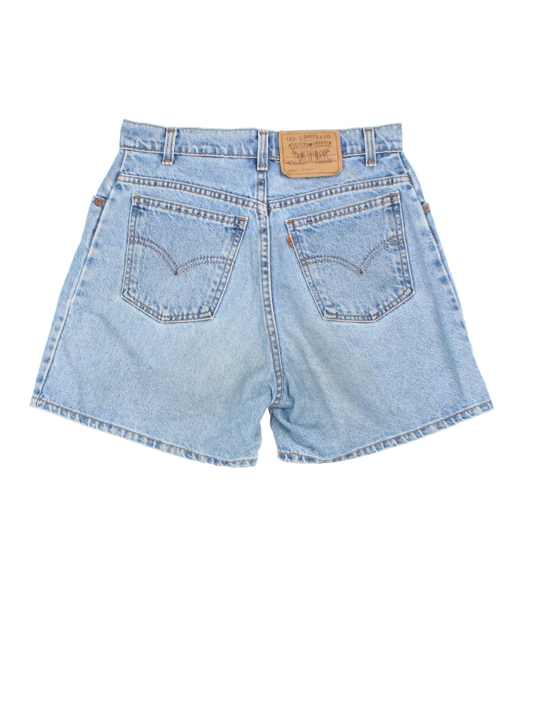 Vintage Levi Strauss Denim Shorts in blue colourway with multiple pockets and leather logo embroidered on the back.