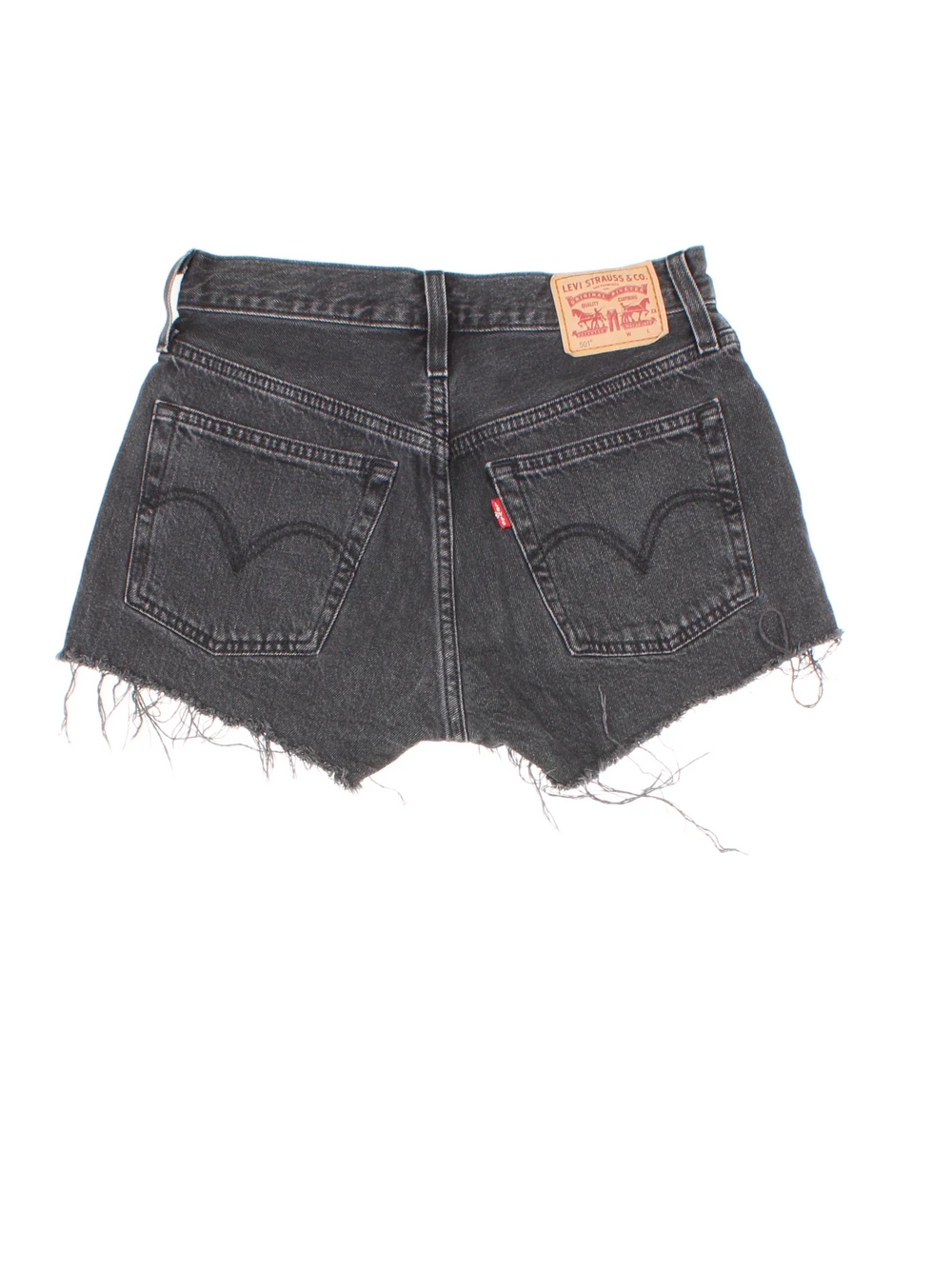 Vintage Levi Strauss Cut Off Denim Shorts in black colourway with multiple pockets and the logo embroidered on the back.