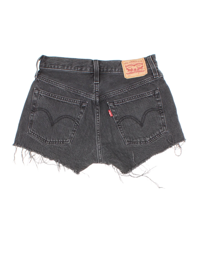 Vintage Levi Strauss Cut Off Denim Shorts in black colourway with multiple pockets and the logo embroidered on the back.