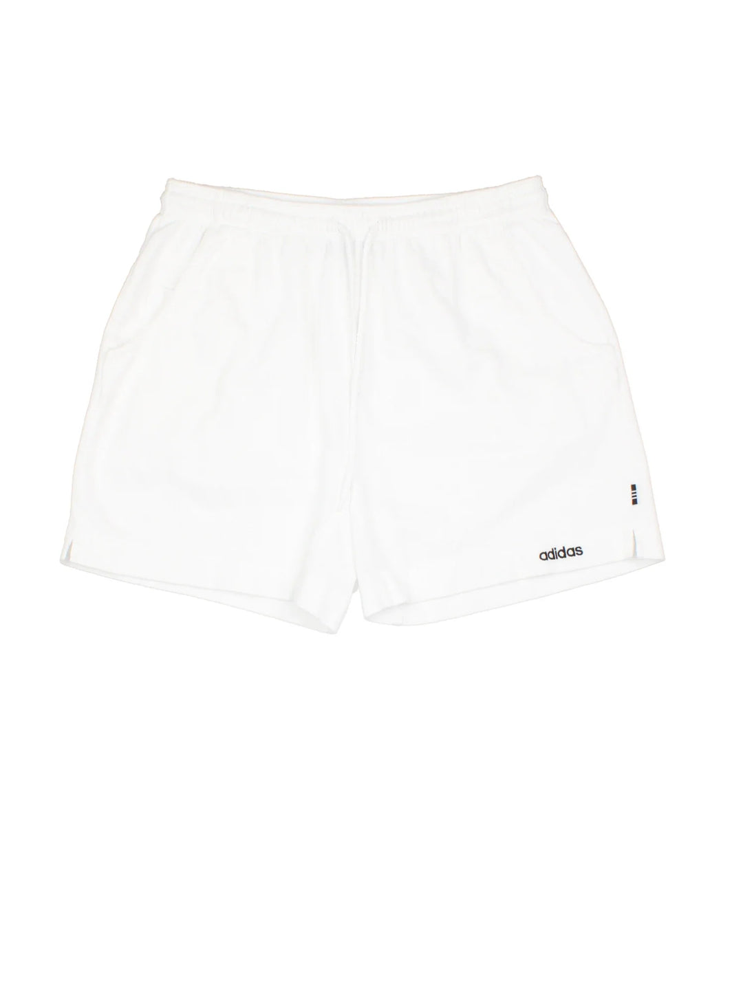 Vintage Adidas shorts in white colourway with drawstring fastening, multiple pockets and the logo embroidered on the front.