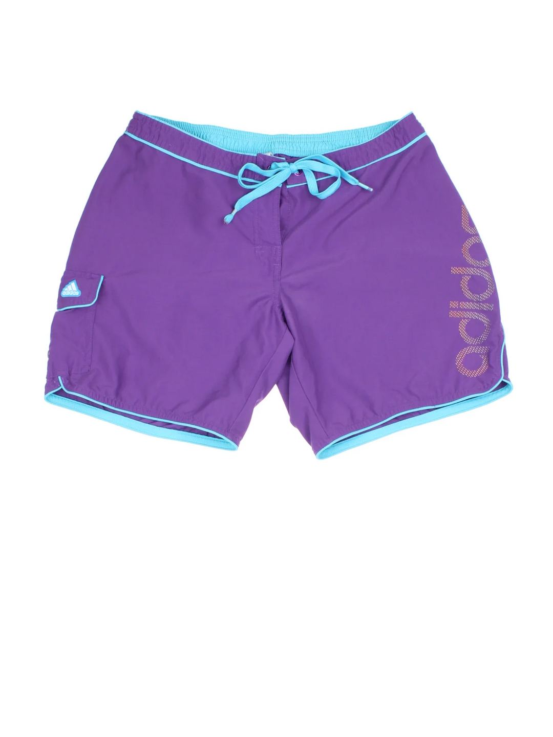 Adidas Swim Shorts in purple colourway with two pockets and the logo printed down the side. Contrasting neon blue detailing on the hem and drawstring.