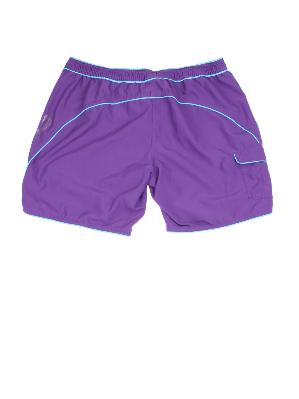 Adidas Swim Shorts in purple colourway with two pockets and the logo printed down the side. Contrasting neon blue detailing on the hem and drawstring.