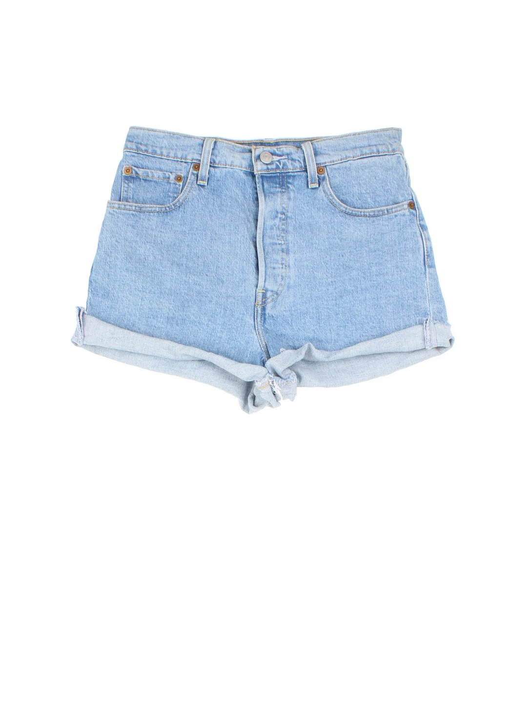 Vintage Levi Strauss shorts in blue colourway with multiple pockets, turned up hem and the logo embroidered on the back.