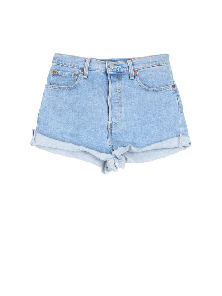 Vintage Levi Strauss shorts in blue colourway with multiple pockets, turned up hem and the logo embroidered on the back.