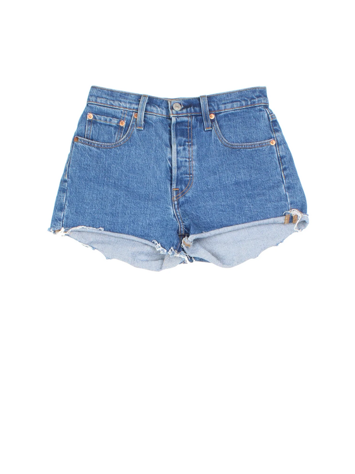 Vintage Levi Strauss shorts in blue colourway with multiple pockets, frayed hem and the logo embroidered on the back.