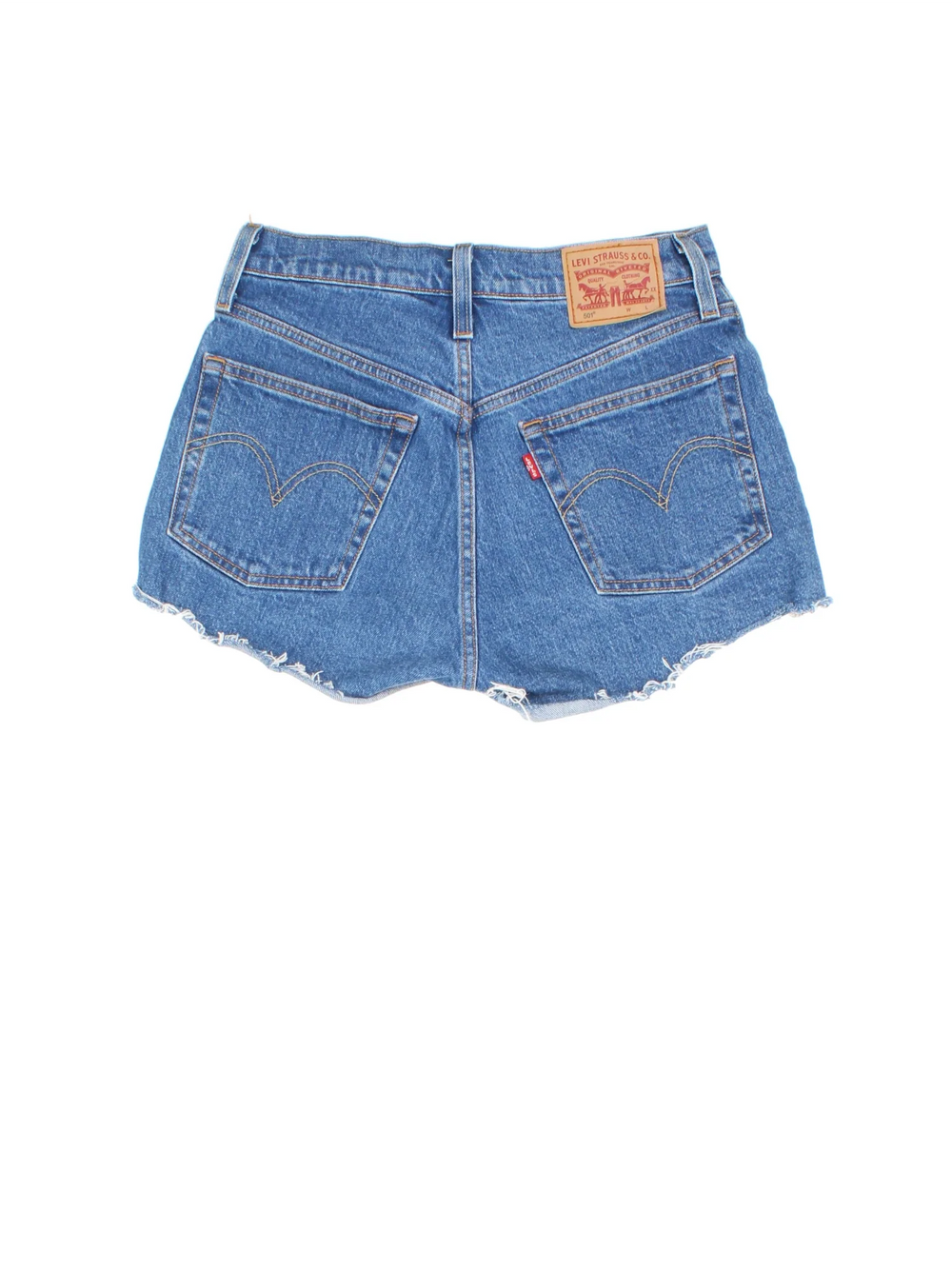 Vintage Levi Strauss shorts in blue colourway with multiple pockets, frayed hem and the logo embroidered on the back.
