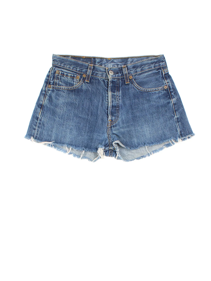 Vintage Levi Strauss shorts in blue colourway with multiple pockets, frayed hem and the logo embroidered on the back.