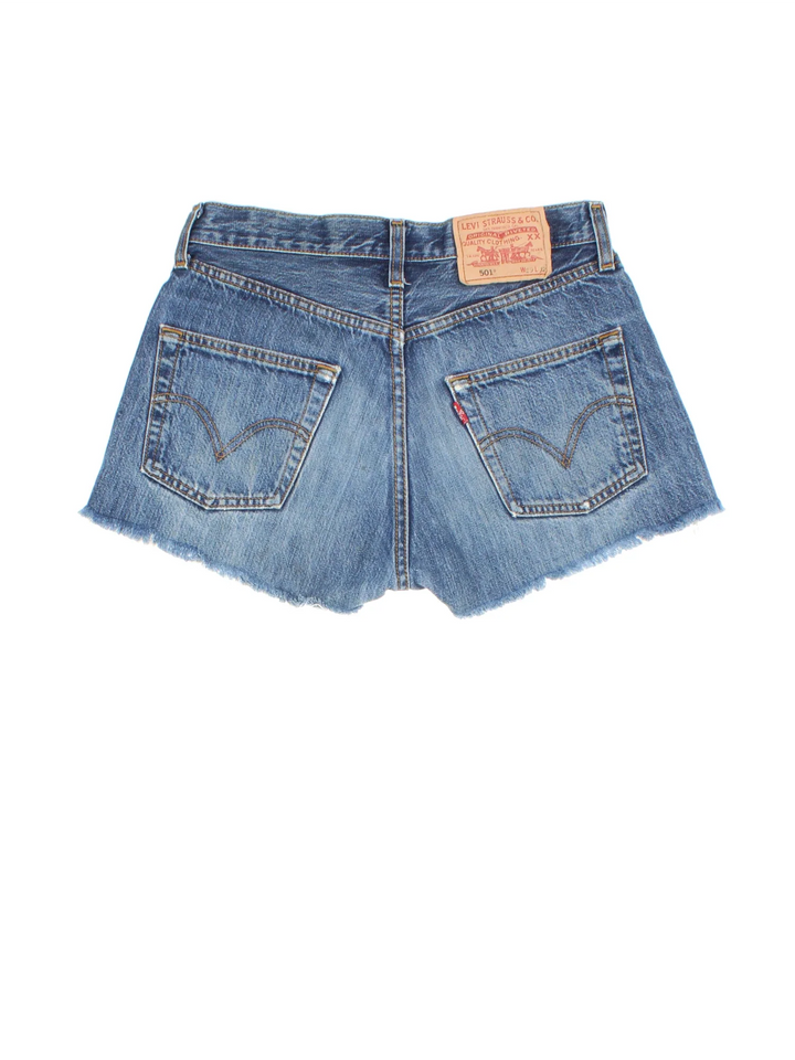 Vintage Levi Strauss shorts in blue colourway with multiple pockets, frayed hem and the logo embroidered on the back.