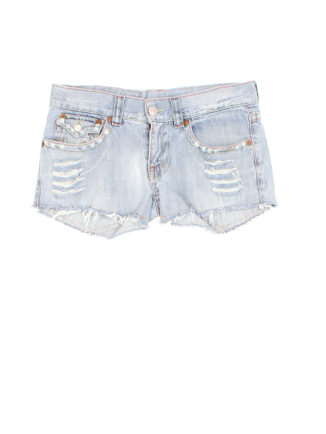 Y2K True Religion Denim shorts in blue colourway with multiple pockets and embroidered brand patch on back.
